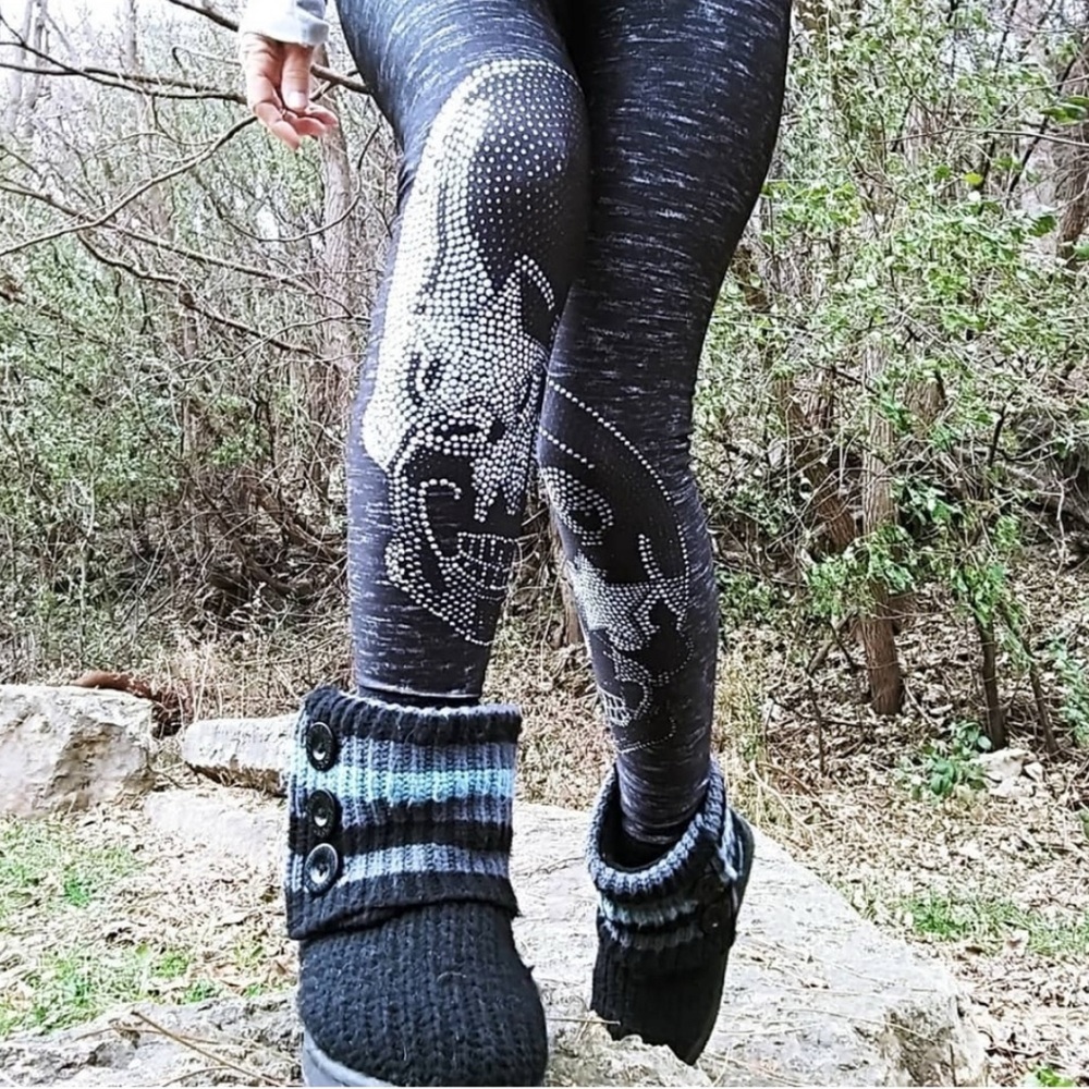 Terez Starry Eyed Skull Leggings Black Heathered Gothic Punk Rock XL (Fits XS/S) - Picture 11 of 13
